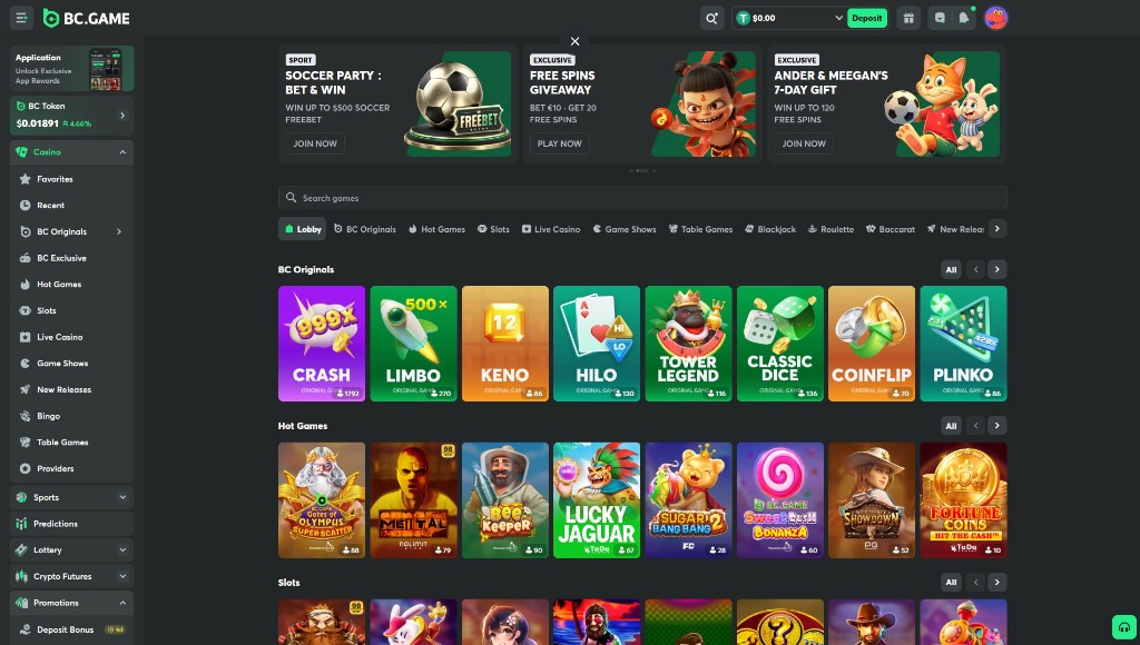 BC.Game Casino review: lobby preview, BC Originals, and popular slots interface