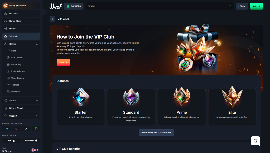 Beef Casino review: VIP Club interface, popular games lobby, and promotions preview