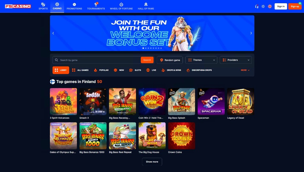 FS Casino review: desktop and mobile lobby preview, slots and game selection