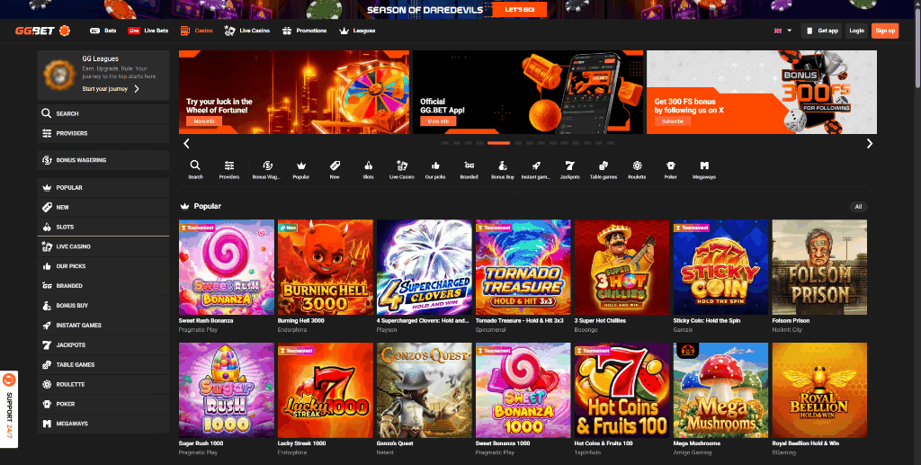 GG.BET Casino review: lobby preview and game categories