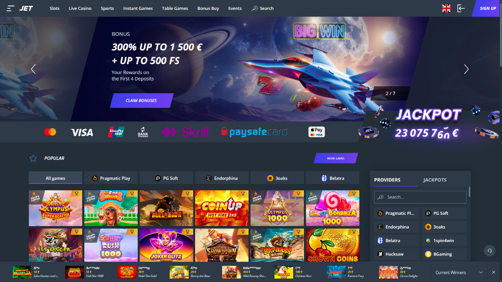 Jet Casino review: lobby preview, top slots, and sportsbook interface
